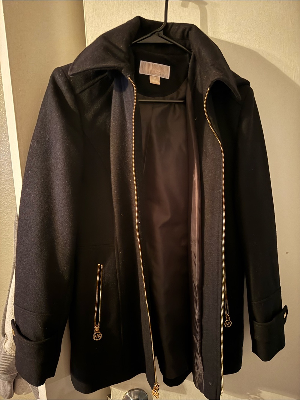 Michael Kors Black Pea Coat with Gold Zippers with hood